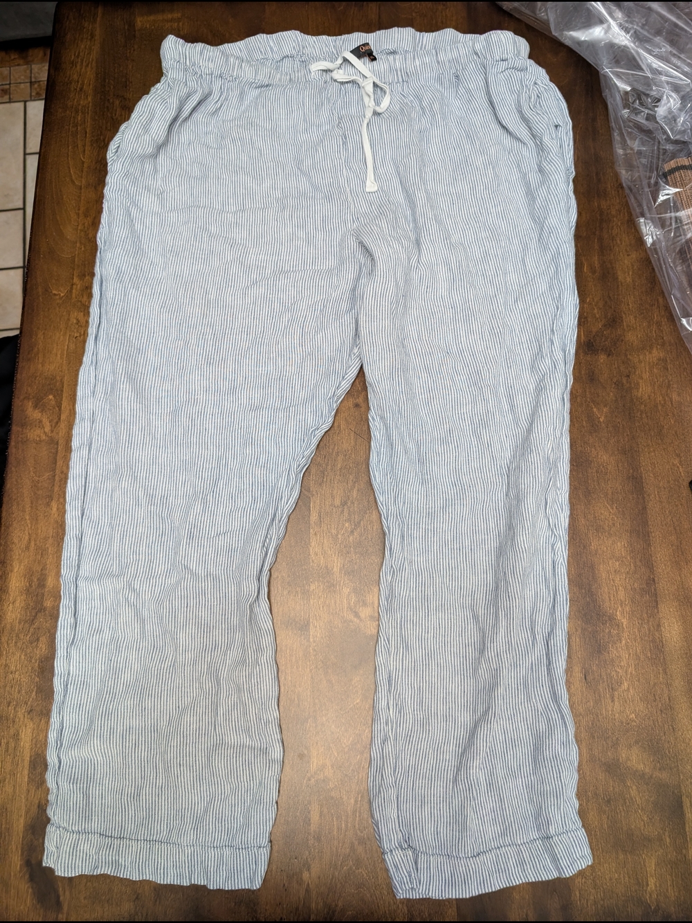 Quince Light Blue Pinstripe Drawstring Linen Lounge Pants